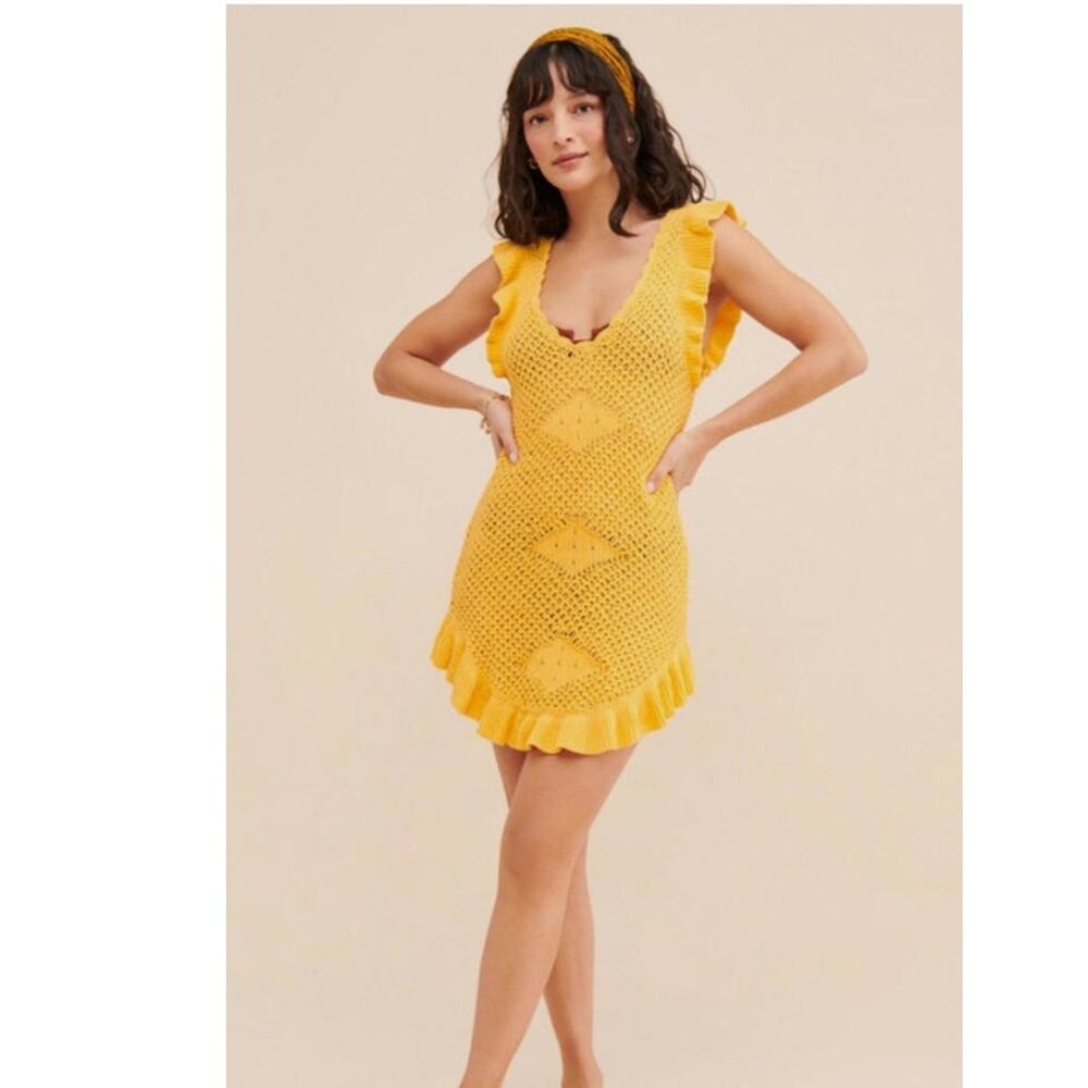 Free People Beach FP Mykonos Sweater Dress Mini Sunset Gold Yellow Small NWT